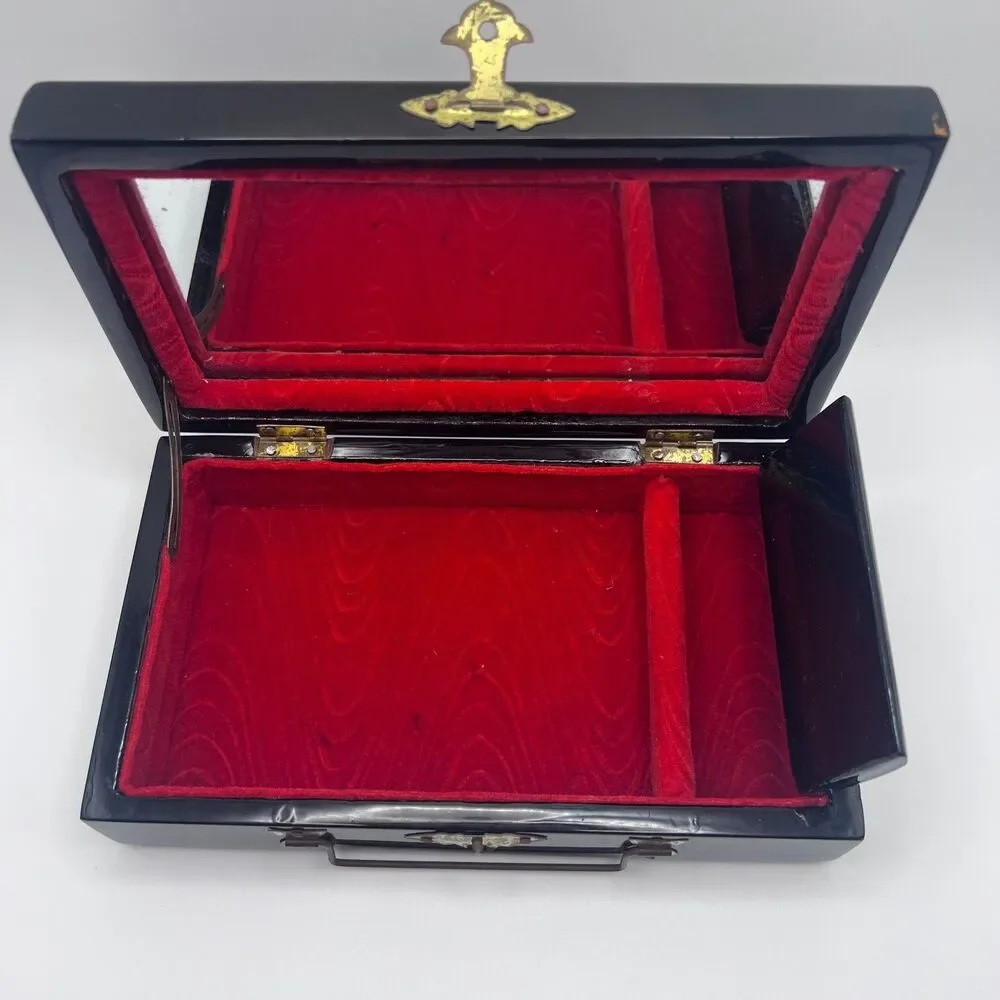 Vintage Asian Black Lacquer Jewelry Box, Inlaid Mother of Pearl Geisha Girls Box